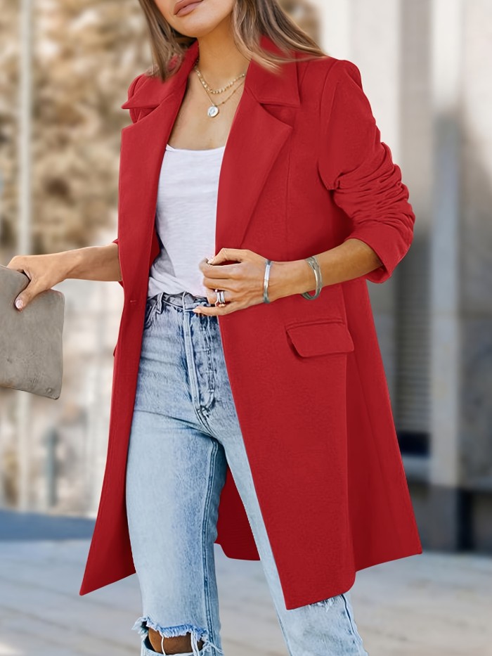 Solid Color Open Front Blazer, Elegant Lapel Neck Long Sleeve Loose Long Length Blazer For Spring & Fall, Women's Clothing
