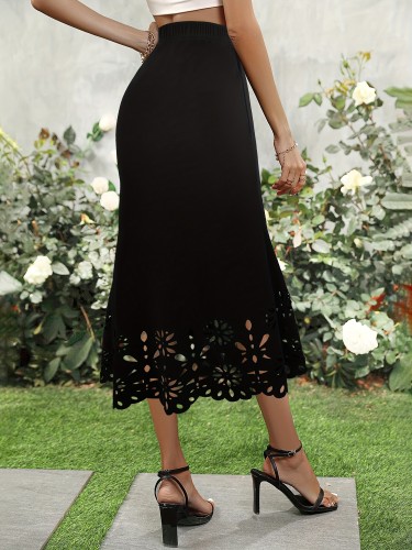 Solid Hollow Out Trumpet Skirt, Elegant Elastic Waist Midi Skirt For Spring & Summer, Women's Clothing