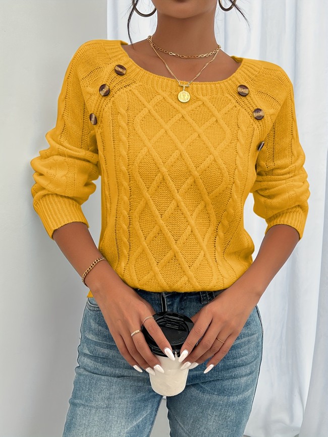 Cozy Long Sleeve Raglan Cable Knit Sweater - Soft Mid-Elastic Acrylic Fabric, Square Neck, Button Details, Regular Length, Solid Color, Perfect for Fall\u002FWinter - Casual Womens Knitwear for Everyday Wear