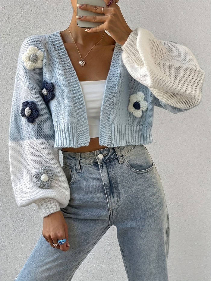 3D Floral Pattern Open Front Cardigans, Casual Color Block Drop Shoulder Long Sleeve Knitted Cardigans Top For Spring & Fall, Women's Clothing