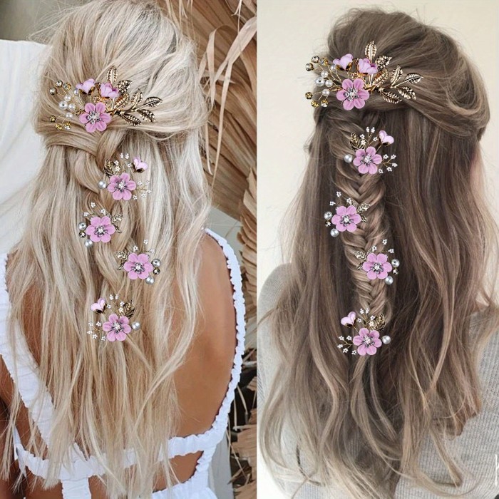 5 PCS Headpiece Golden Wedding Hair Accessories, Pearl Hair Clips, Bridal Flower Wedding Hair Pins, Jewelry with Rhinestone for Brides Bridesmaids Women, Christmas Halloween Wedding Gifts Romantic Lilac Purple