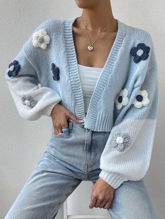 3D Floral Pattern Open Front Cardigans, Casual Color Block Drop Shoulder Long Sleeve Knitted Cardigans Top For Spring & Fall, Women's Clothing