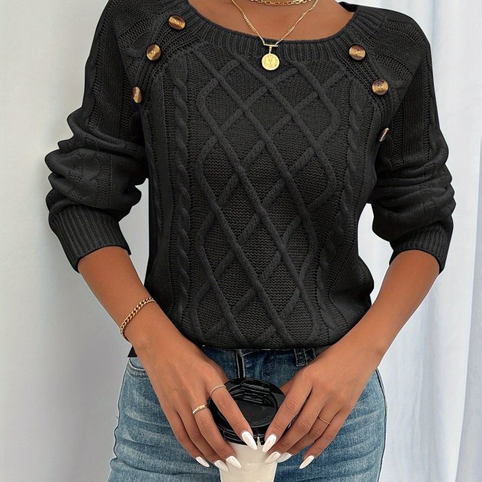 Cozy Long Sleeve Raglan Cable Knit Sweater - Soft Mid-Elastic Acrylic Fabric, Square Neck, Button Details, Regular Length, Solid Color, Perfect for Fall\u002FWinter - Casual Womens Knitwear for Everyday Wear