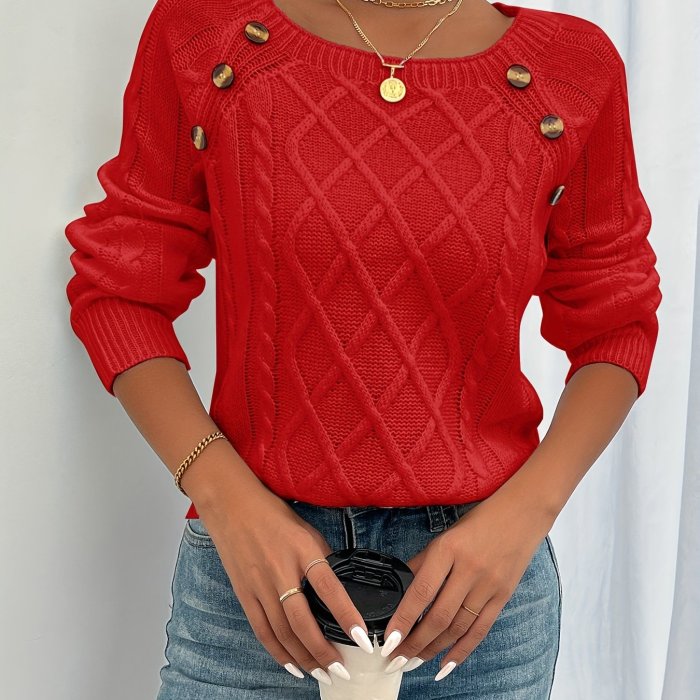 Cozy Long Sleeve Raglan Cable Knit Sweater - Soft Mid-Elastic Acrylic Fabric, Square Neck, Button Details, Regular Length, Solid Color, Perfect for Fall\u002FWinter - Casual Womens Knitwear for Everyday Wear