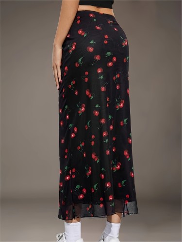 Cherry Print High Waist Skirt, Elegant Skirt For Spring & Summer, Women's Clothing