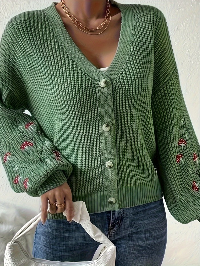 Cozy Plus Size Mushroom Embroidered Cardigan - Women Plus - Soft V Neck Lantern Sleeve Button Front Cardigan for Fall and Winter Fashion, Casual Comfortable Clothing for Curvy Women