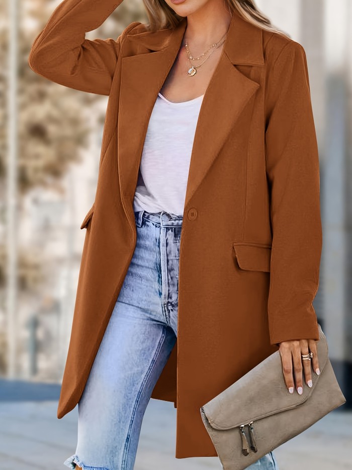 Solid Color Open Front Blazer, Elegant Lapel Neck Long Sleeve Loose Long Length Blazer For Spring & Fall, Women's Clothing