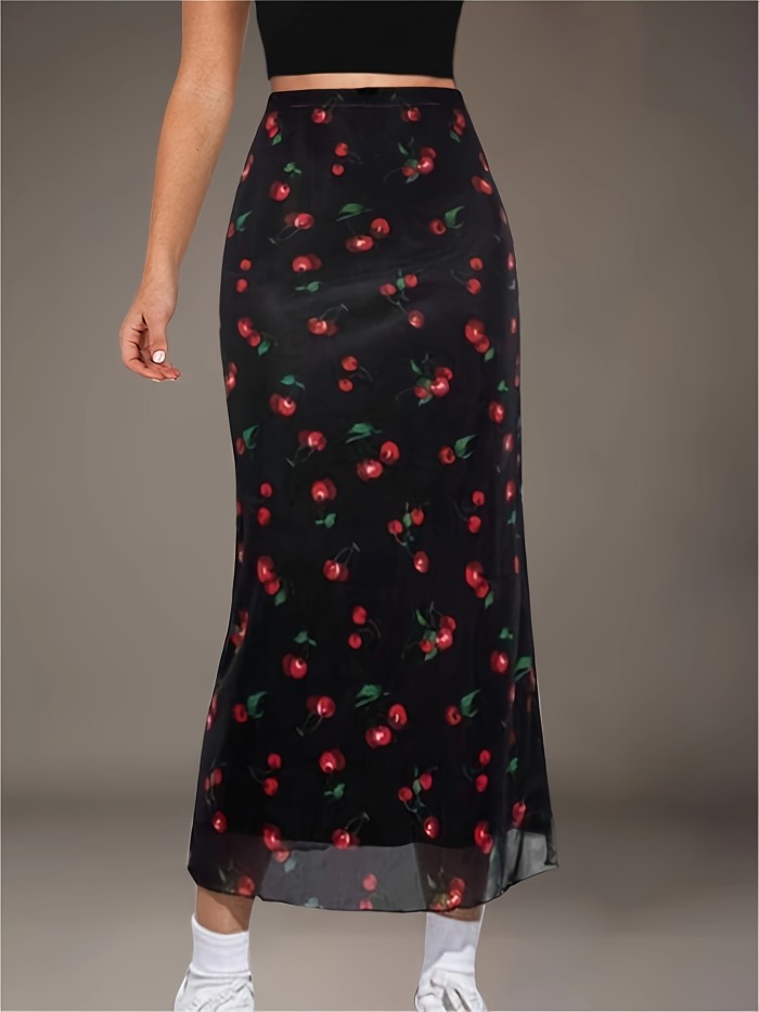 Cherry Print High Waist Skirt, Elegant Skirt For Spring & Summer, Women's Clothing