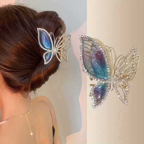Elegant Bohemian Style Butterfly Hair Clip, Large Crystal Metal Shark Claw, Strong Back Hair Accessory, Single Piece, Colorful Print, Hair Grip Clamp for Hairstyling