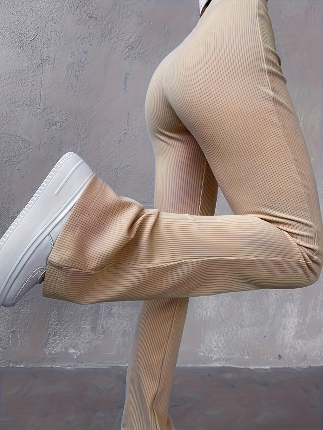 Solid Ribbed Flare Leg Pants, High Waist Slim Elastic Pants, Women's Clothing