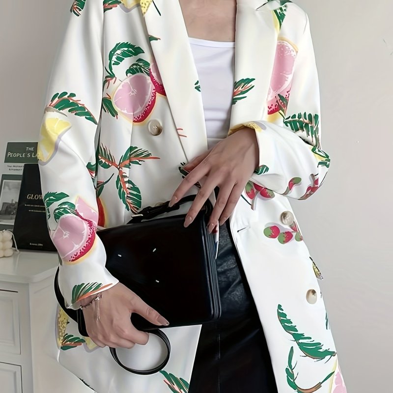 Fruit Print Button Front Blazer, Casual Long Sleeve Lapel Blazer For Spring & Fall, Women's Clothing