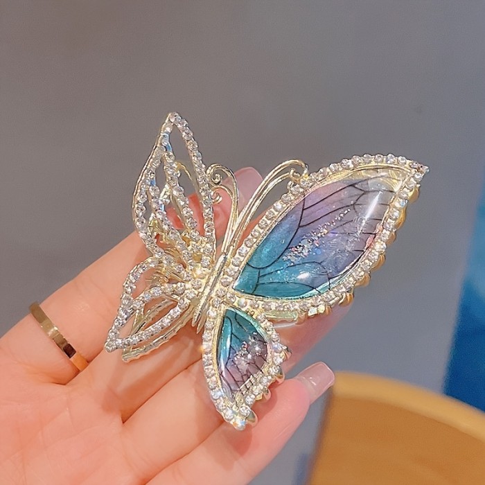 Elegant Bohemian Style Butterfly Hair Clip, Large Crystal Metal Shark Claw, Strong Back Hair Accessory, Single Piece, Colorful Print, Hair Grip Clamp for Hairstyling