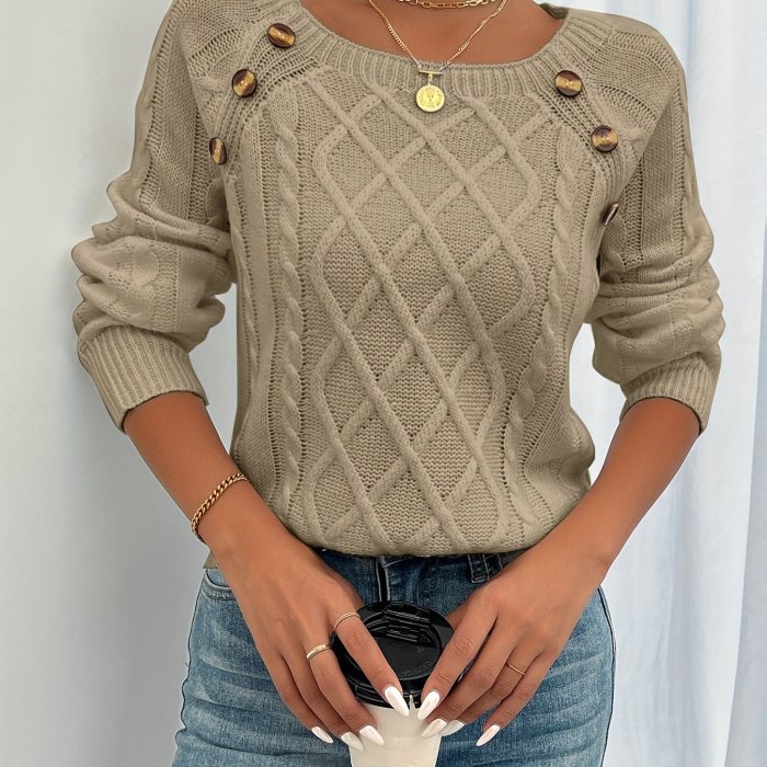 Cozy Long Sleeve Raglan Cable Knit Sweater - Soft Mid-Elastic Acrylic Fabric, Square Neck, Button Details, Regular Length, Solid Color, Perfect for Fall\u002FWinter - Casual Womens Knitwear for Everyday Wear