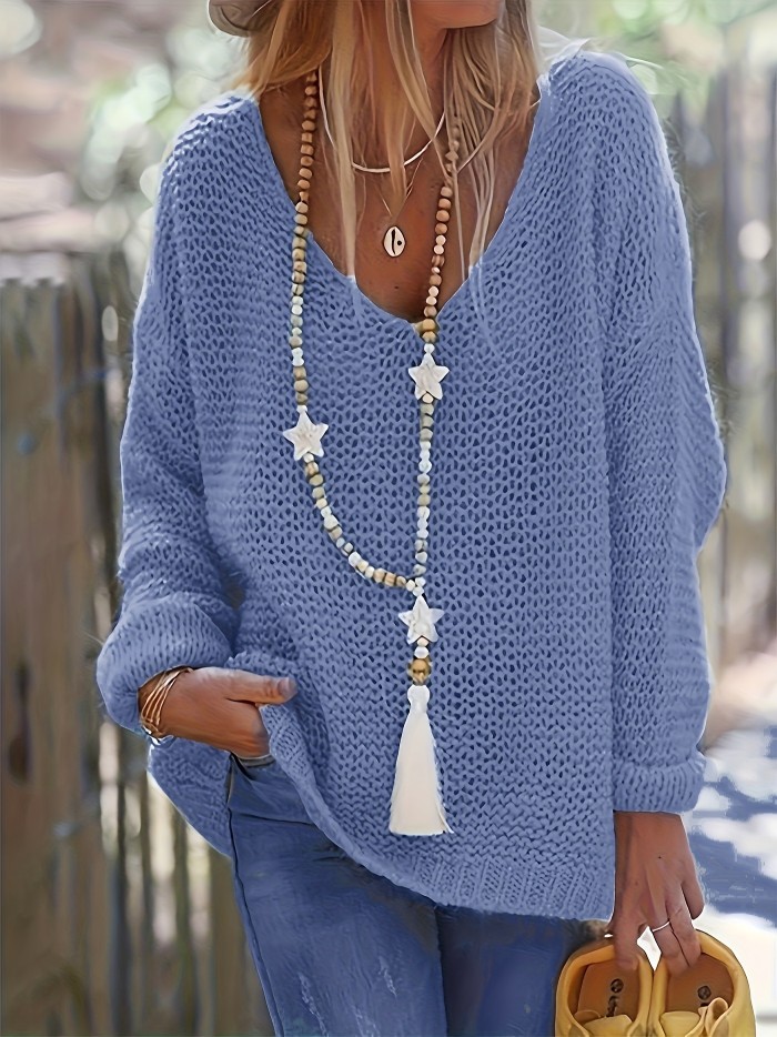Chic V-Neck Knit Pullover - Cozy Long Sleeve for Spring & Autumn - Essential Womens Wear