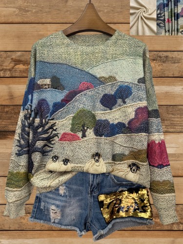 Sheep Pattern Crew Neck Sweater, Casual Long Sleeve Sweater For Fall & Winter, Women's Clothing