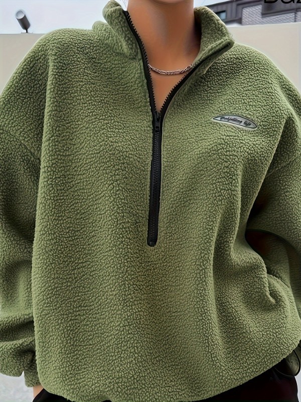 Solid Zip Front Plush Pullover Sweatshirt, Casual Long Sleeve Sweatshirt, Women's Clothing