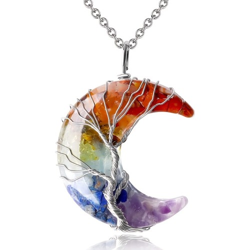 1\u002F2pcs 7 Chakra Healing Crystal Necklace Tree Life Wire Wrapped Crescent Moon Phase Stone Pendant Necklaces Natural Resin Reiki Spiritual Quartz Gemstone Hippie Witch Jewelry Gifts For Women
