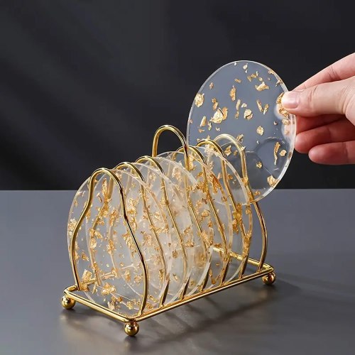 6pcs Golden Foil Acrylic Coasters - Luxurious Heatproof Mats for Tea Cups - Stylish Round Shaped Tabletop Protection Home Decor Set