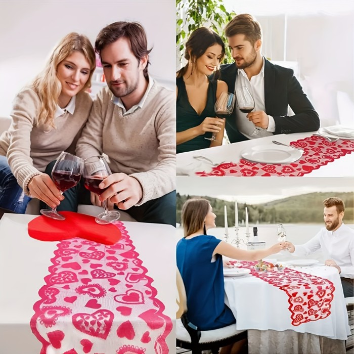 1pc Table Runner, Happy Valentines Lace Table Runner Love Heart Pattern Dinner Table Runner For Valentine's Day, Anniversary Wedding Banquet Romantic Table Decor, Dining Table Decor