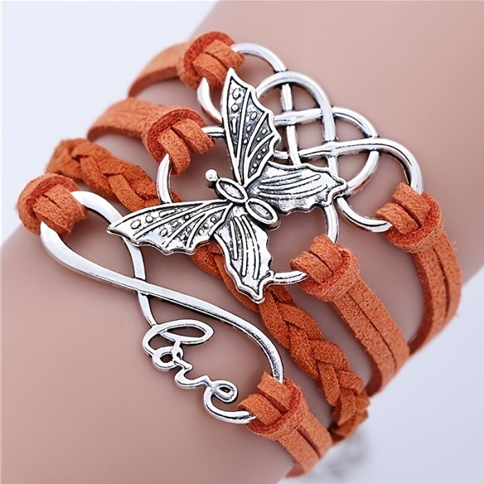 Vintage Handmade Multilayer Leather Bracelet With Letter Love And Butterfly For Men And Women