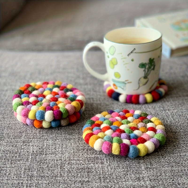 1pc, Felt-Ball Coasters, Colorful Felt-Coaster, Wool Felt-Coaster, Heat Insulation Table Mat, Rainbow Theme Decorative Coaster, Tea-Coaster, Gift For Her, Holiday Gift