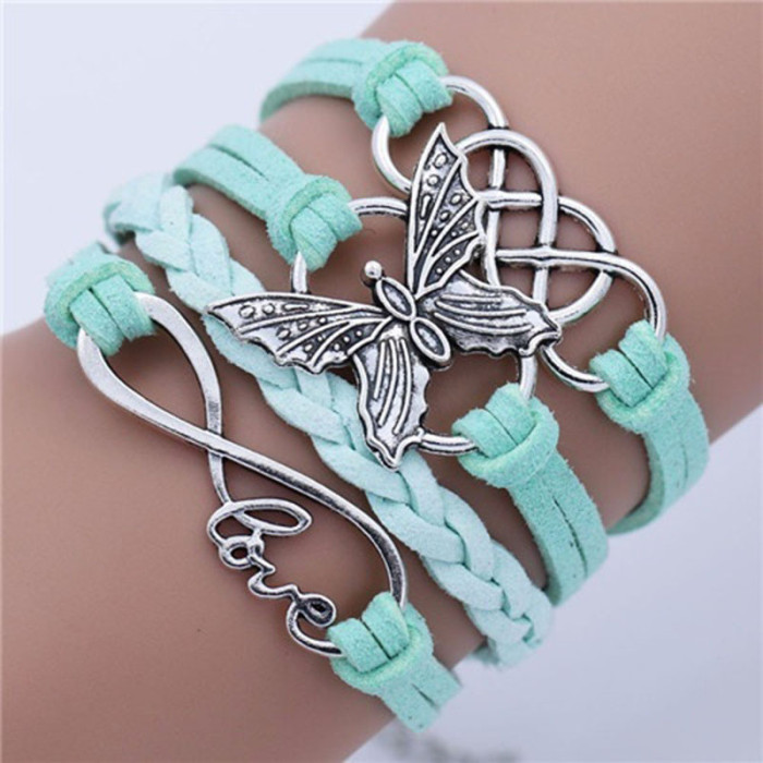 Vintage Handmade Multilayer Leather Bracelet With Letter Love And Butterfly For Men And Women