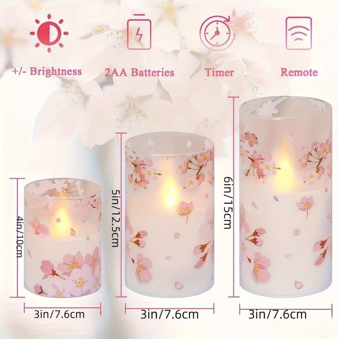 3pcs Cherry Blossom LED Glass Flameless Pillar Candle With Remote, Battery Operated, Timer, 3 X 4 Inches (about 7.6 X 10.2 Cm), 5 Inches (about 15.2 Cm), 6 Inches