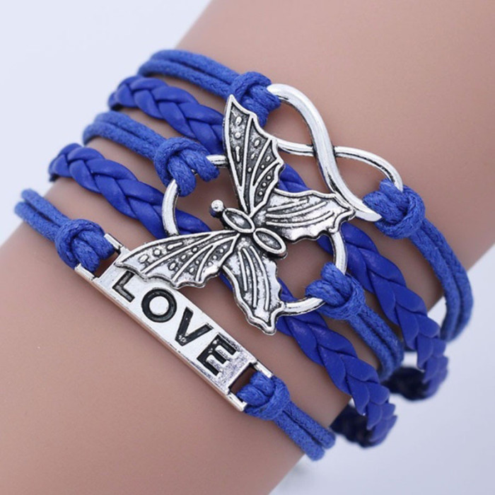 Vintage Handmade Multilayer Leather Bracelet With Letter Love And Butterfly For Men And Women
