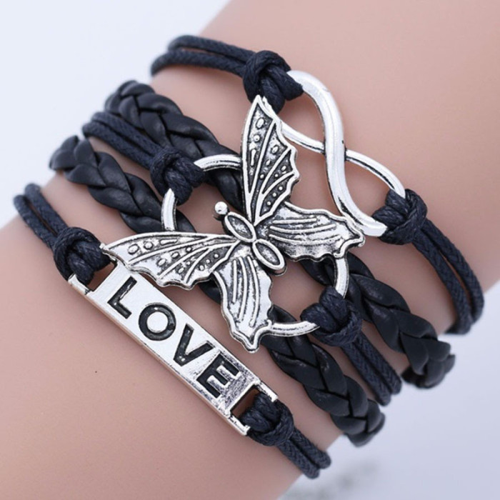 Vintage Handmade Multilayer Leather Bracelet With Letter Love And Butterfly For Men And Women