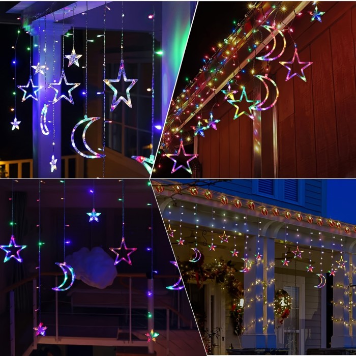 138LED Solar Curtain Lights - Outdoor Light Strings with USB Rechargeable, 8 Lighting Modes, Timer, Remote, Twinkle Fairy Lights for Patio, Gazebo, Ramadan, Porch, Window, Backyard, Tent