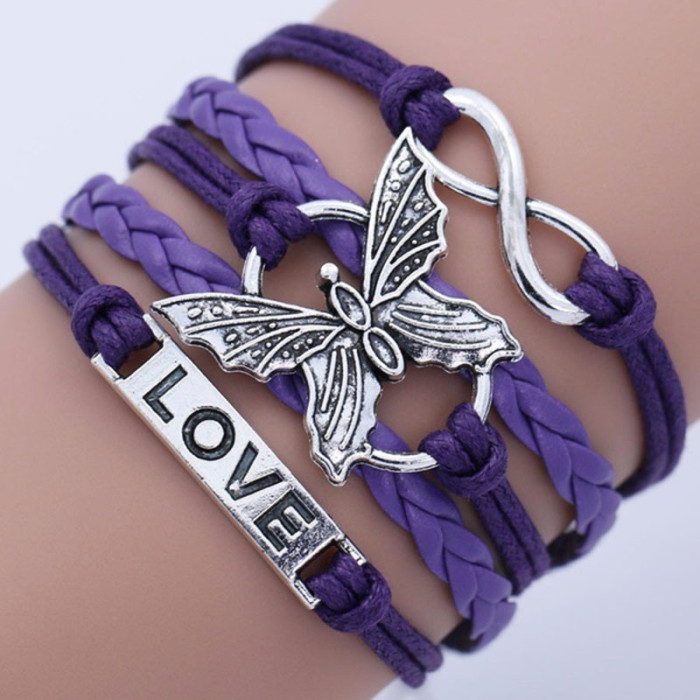 Vintage Handmade Multilayer Leather Bracelet With Letter Love And Butterfly For Men And Women