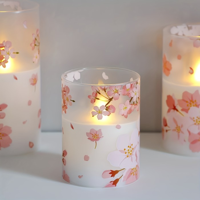 3pcs Cherry Blossom LED Glass Flameless Pillar Candle With Remote, Battery Operated, Timer, 3 X 4 Inches (about 7.6 X 10.2 Cm), 5 Inches (about 15.2 Cm), 6 Inches
