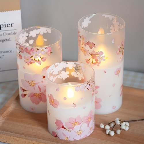 3pcs Cherry Blossom LED Glass Flameless Pillar Candle With Remote, Battery Operated, Timer, 3 X 4 Inches (about 7.6 X 10.2 Cm), 5 Inches (about 15.2 Cm), 6 Inches