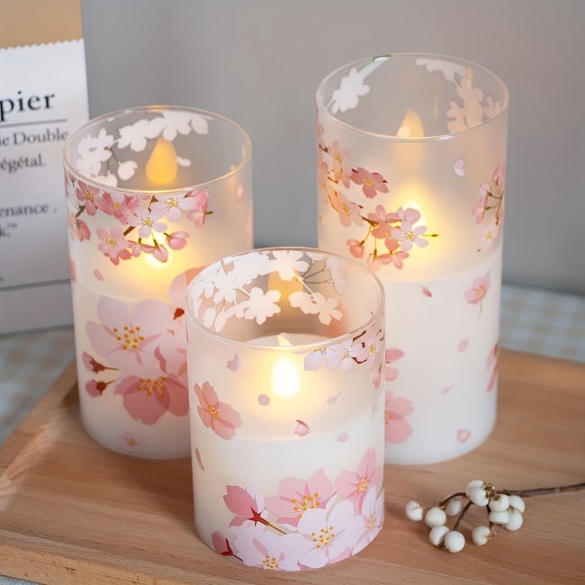 3pcs Cherry Blossom LED Glass Flameless Pillar Candle With Remote, Battery Operated, Timer, 3 X 4 Inches (about 7.6 X 10.2 Cm), 5 Inches (about 15.2 Cm), 6 Inches