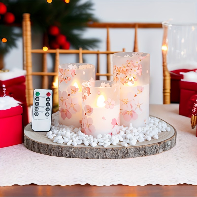 3pcs Cherry Blossom LED Glass Flameless Pillar Candle With Remote, Battery Operated, Timer, 3 X 4 Inches (about 7.6 X 10.2 Cm), 5 Inches (about 15.2 Cm), 6 Inches