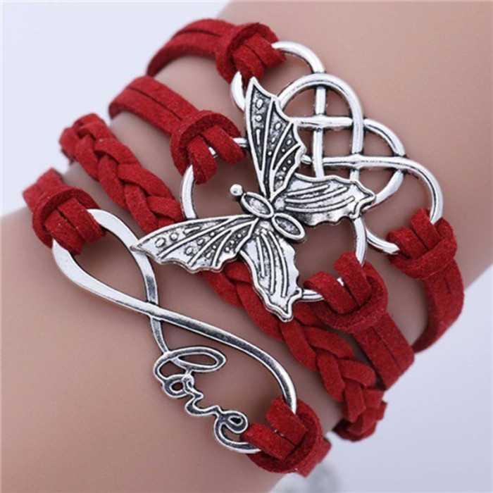 Vintage Handmade Multilayer Leather Bracelet With Letter Love And Butterfly For Men And Women