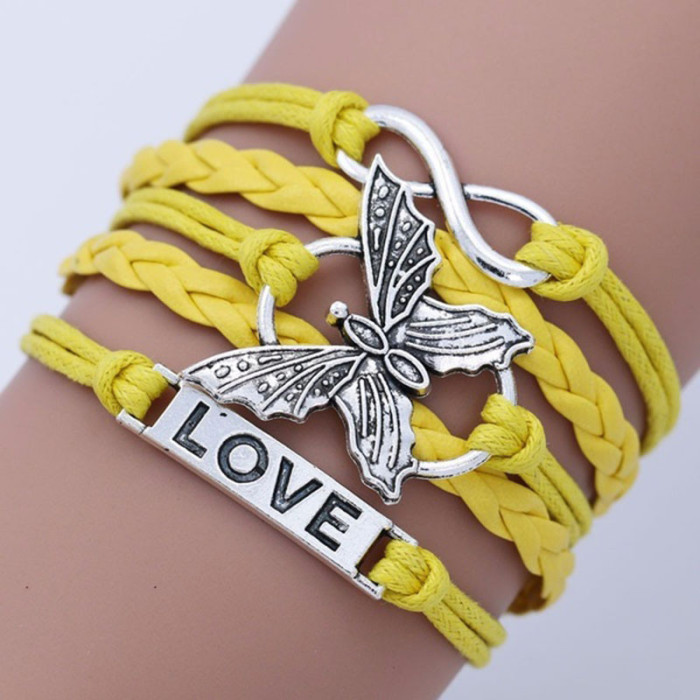 Vintage Handmade Multilayer Leather Bracelet With Letter Love And Butterfly For Men And Women