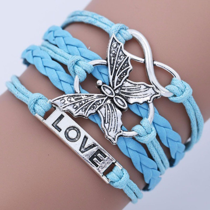 Vintage Handmade Multilayer Leather Bracelet With Letter Love And Butterfly For Men And Women