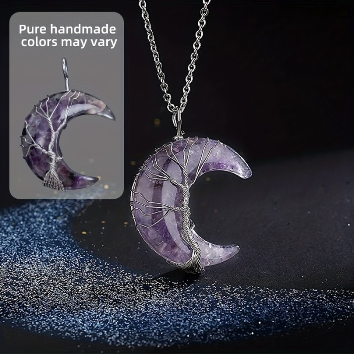 1\u002F2pcs 7 Chakra Healing Crystal Necklace Tree Life Wire Wrapped Crescent Moon Phase Stone Pendant Necklaces Natural Resin Reiki Spiritual Quartz Gemstone Hippie Witch Jewelry Gifts For Women