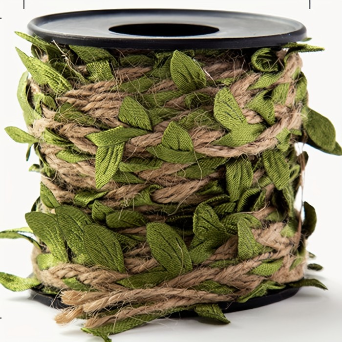 1roll, Burlap Leaf Ribbon, 33 Feet Green Vine Twine For Jungle Safari Birthday Party, Baby Shower, Home Decorations, Braided Decoration Vine With Artificial Green Leaves For Jungle Safari Themed Party Birthday Wedding Garden Home Decor