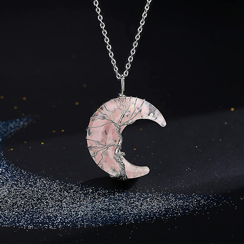 1\u002F2pcs 7 Chakra Healing Crystal Necklace Tree Life Wire Wrapped Crescent Moon Phase Stone Pendant Necklaces Natural Resin Reiki Spiritual Quartz Gemstone Hippie Witch Jewelry Gifts For Women