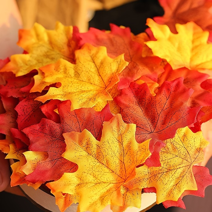 100pcs Artificial Maple Leaves Fake Leaf, Multicolored Mixed Autumn Decoration For Art Craft DIY Applique, Halloween Thanksgiving Christmas Decor, Room Decor, Home Decor (3.14inch)