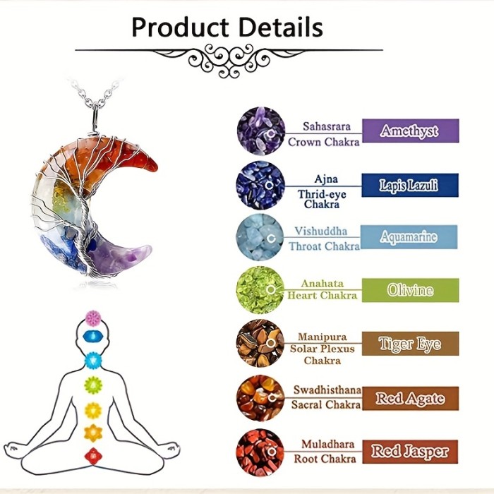 1\u002F2pcs 7 Chakra Healing Crystal Necklace Tree Life Wire Wrapped Crescent Moon Phase Stone Pendant Necklaces Natural Resin Reiki Spiritual Quartz Gemstone Hippie Witch Jewelry Gifts For Women