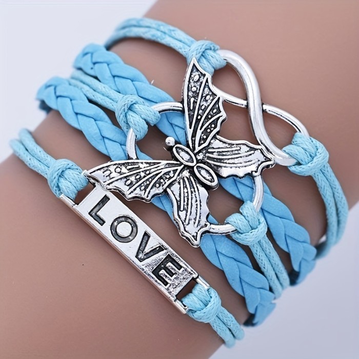 Vintage Handmade Multilayer Leather Bracelet With Letter Love And Butterfly For Men And Women