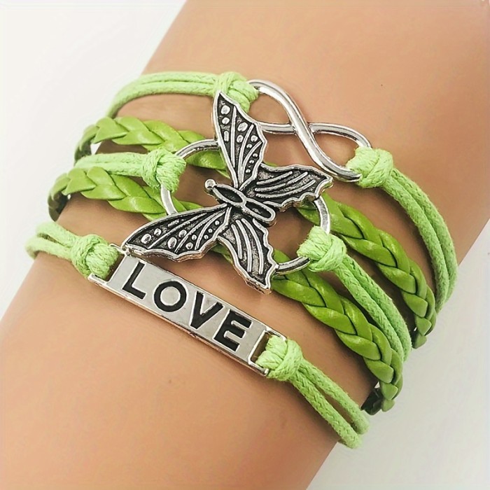 Vintage Handmade Multilayer Leather Bracelet With Letter Love And Butterfly For Men And Women