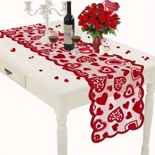 1pc Table Runner, Happy Valentines Lace Table Runner Love Heart Pattern Dinner Table Runner For Valentine's Day, Anniversary Wedding Banquet Romantic Table Decor, Dining Table Decor