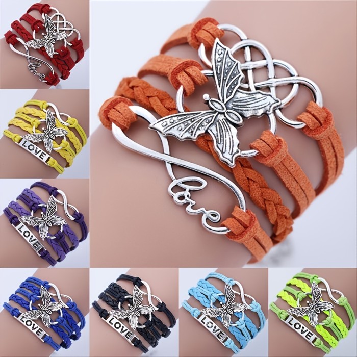 Vintage Handmade Multilayer Leather Bracelet With Letter Love And Butterfly For Men And Women