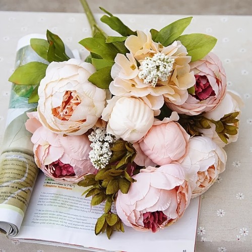 1pc, Realistic Peony Silk Flowers Champagne Color For Home Decor And Weddings - DIY Craft And Bridal Bouquet - Indoor And Outdoor Decoration