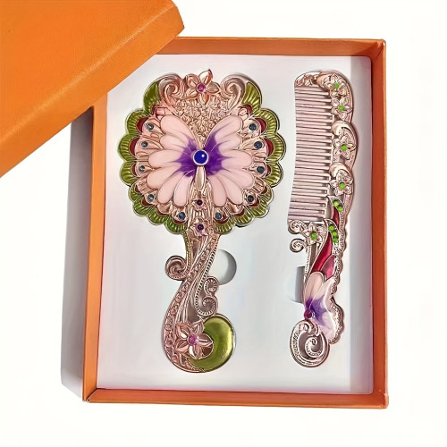1pc Vintage Mirror Comb Set, Handheld Vanity Mirror, Cosmetic Handle Mirror With Comb, Portable Makeup Mirror, Ideal Mirror Comb Set For Gift