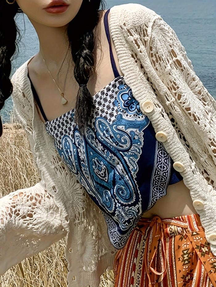 Floral Pattern Button Down Crochet Cardigan, Boho Cut Out Long Sleeve Top For Spring & Summer, Women's Clothing